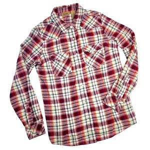 Wrangler Flannel Shirt Women's Medium Red Plaid Western Pearl Snap Long Sleeve